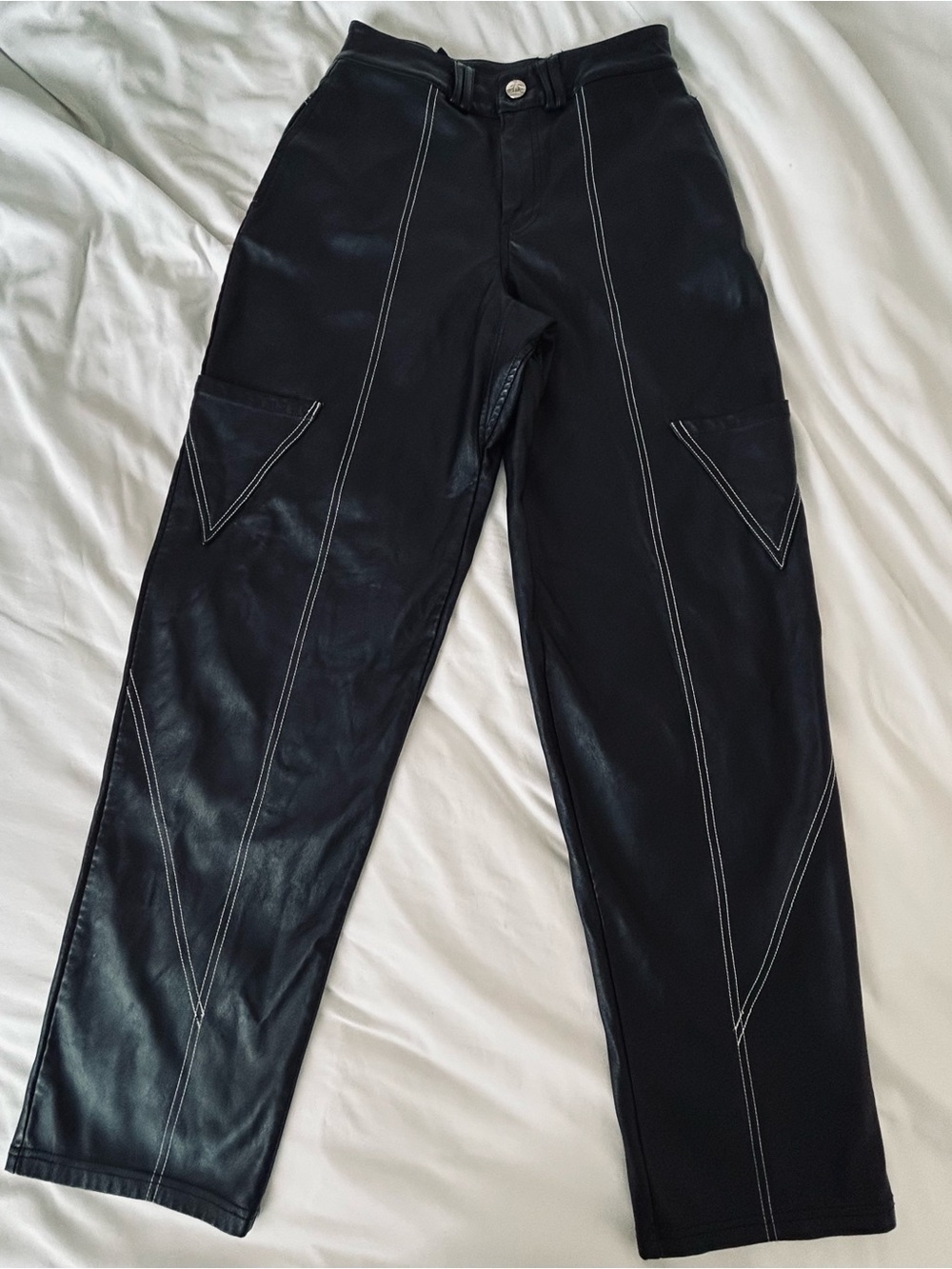 Maniere De Voir Black Faux Leather Cargo Pants with Contrast Stitching